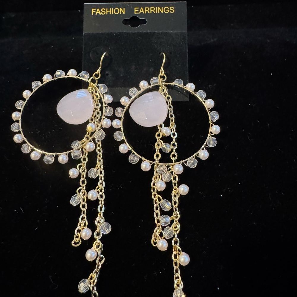 Dreamcatcher NEW Pink and Gold Wire Wrapped Gemstone Chain Beaded Hoop Earrings